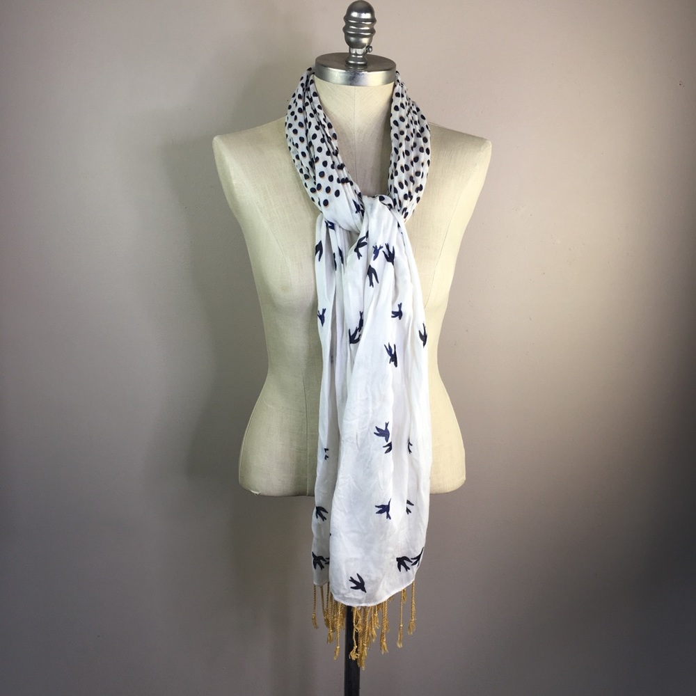 Spring Polka Dot Bird Silhouette Tassel Scarf